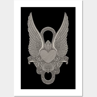 Heart with wings and gothic ornamental, vintage engraving drawing style illustration Posters and Art